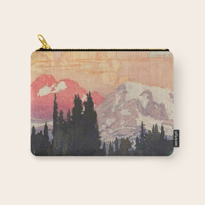 Storms over Keiisino - Winter Mountain & Forest Ukiyoe Nature Landscape in Pink, Blue, and Green Carry All Pouch Gallery Image 1