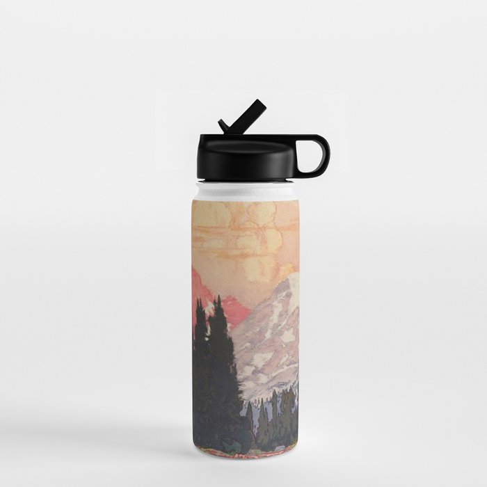 Storms over Keiisino - Winter Mountain & Forest Ukiyoe Nature Landscape in Pink, Blue, and Green Water Bottle Gallery Image 1