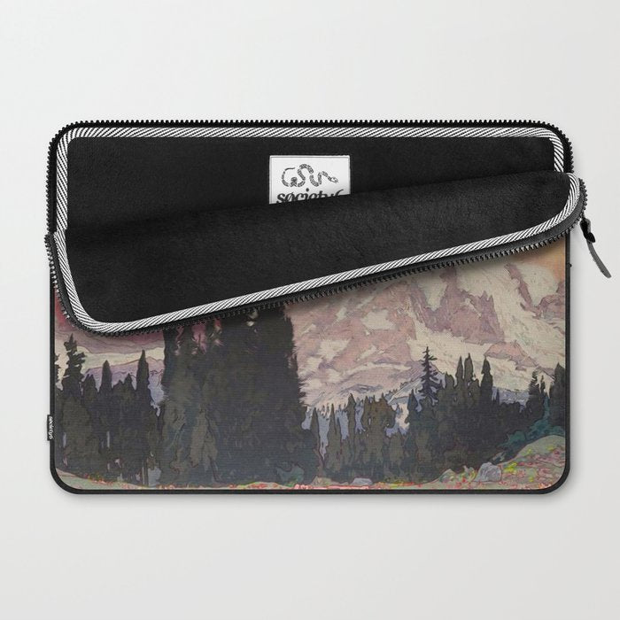 Storms over Keiisino - Winter Mountain & Forest Ukiyoe Nature Landscape in Pink, Blue, and Green Laptop Sleeve Gallery Image 2