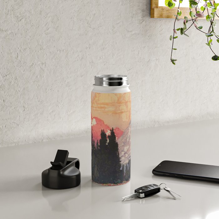 Storms over Keiisino - Winter Mountain & Forest Ukiyoe Nature Landscape in Pink, Blue, and Green Water Bottle Gallery Image 4