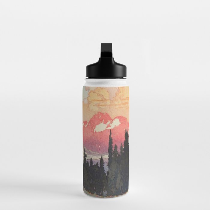 Storms over Keiisino - Winter Mountain & Forest Ukiyoe Nature Landscape in Pink, Blue, and Green Water Bottle Gallery Image 3