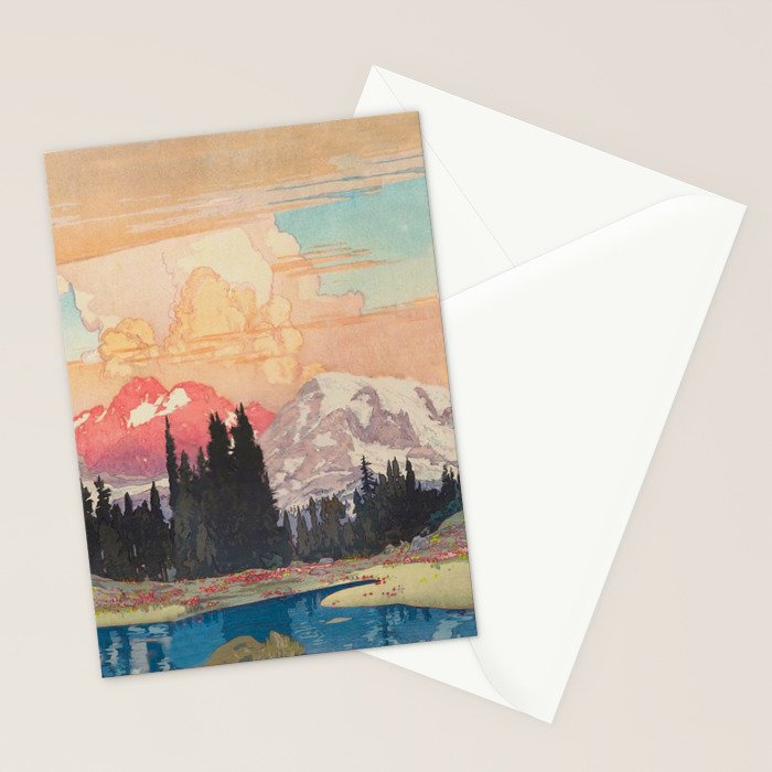 Storms over Keiisino - Winter Mountain & Forest Ukiyoe Nature Landscape in Pink, Blue, and Green Stationery Card Gallery Image 2