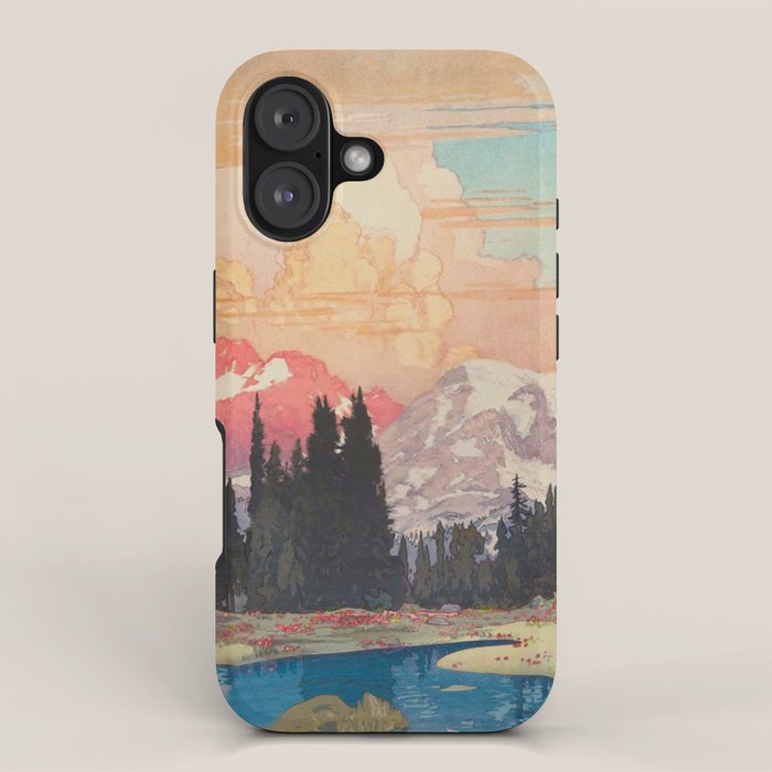 Storms over Keiisino - Winter Mountain & Forest Ukiyoe Nature Landscape in Pink, Blue, and Green iPhone Case Gallery Image 1