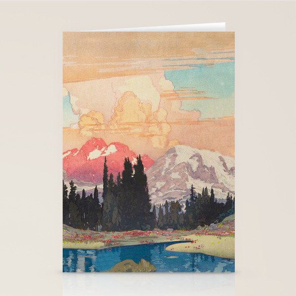 Storms over Keiisino - Winter Mountain & Forest Ukiyoe Nature Landscape in Pink, Blue, and Green Stationery Card Gallery Image 2