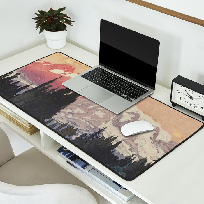 Storms over Keiisino - Winter Mountain & Forest Ukiyoe Nature Landscape in Pink, Blue, and Green Desk Mat Gallery Image 2