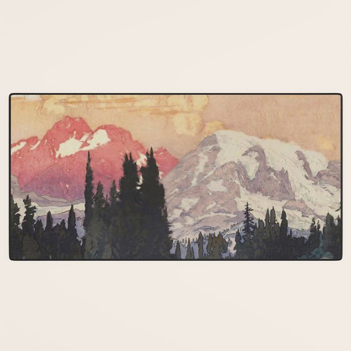 Storms over Keiisino - Winter Mountain & Forest Ukiyoe Nature Landscape in Pink, Blue, and Green Desk Mat Gallery Image 3