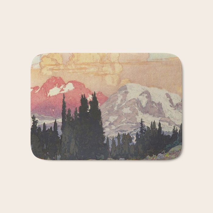 Storms over Keiisino - Winter Mountain & Forest Ukiyoe Nature Landscape in Pink, Blue, and Green Bath Mat Gallery Image 1