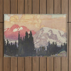 Storms over Keiisino - Winter Mountain & Forest Ukiyoe Nature Landscape in Pink, Blue, and Green Outdoor Rug Gallery Image 1