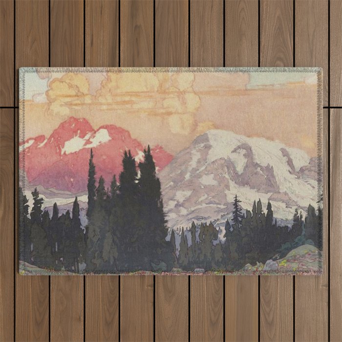 Storms over Keiisino - Winter Mountain & Forest Ukiyoe Nature Landscape in Pink, Blue, and Green Outdoor Rug Gallery Image 1