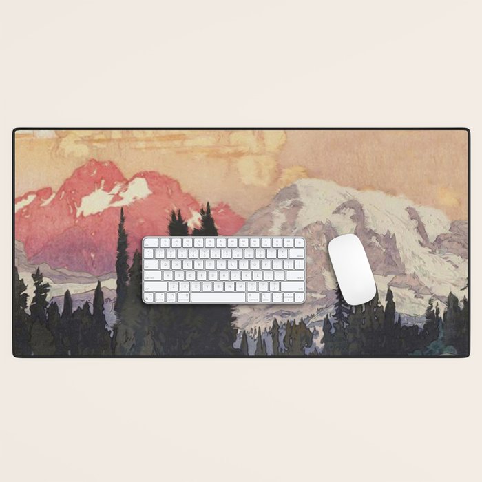 Storms over Keiisino - Winter Mountain & Forest Ukiyoe Nature Landscape in Pink, Blue, and Green Desk Mat Gallery Image 1