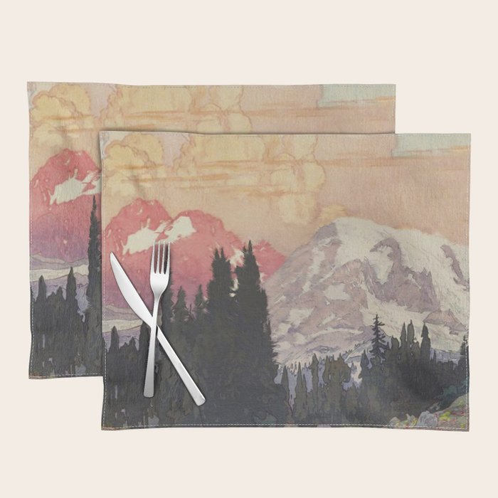 Storms over Keiisino - Winter Mountain & Forest Ukiyoe Nature Landscape in Pink, Blue, and Green Placemat Gallery Image 1