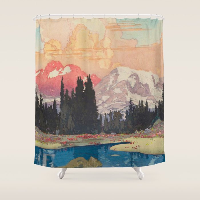 Storms over Keiisino - Winter Mountain & Forest Ukiyoe Nature Landscape in Pink, Blue, and Green Shower Curtain Gallery Image 1