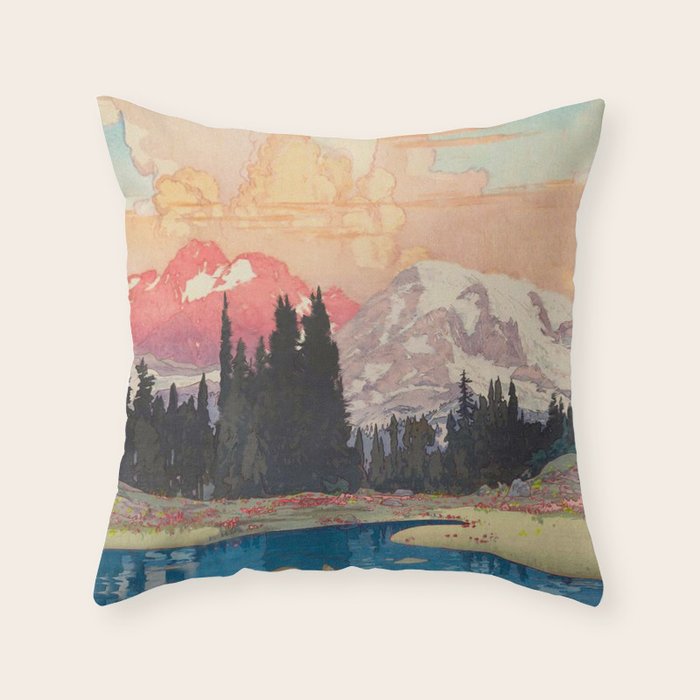 Storms over Keiisino - Winter Mountain & Forest Ukiyoe Nature Landscape in Pink, Blue, and Green Throw Pillow Gallery Image 6