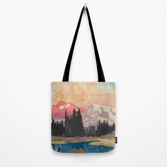 Storms over Keiisino - Winter Mountain & Forest Ukiyoe Nature Landscape in Pink, Blue, and Green Tote Bag Gallery Image 2