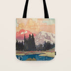 Storms over Keiisino - Winter Mountain & Forest Ukiyoe Nature Landscape in Pink, Blue, and Green Tote Bag Gallery Image 1