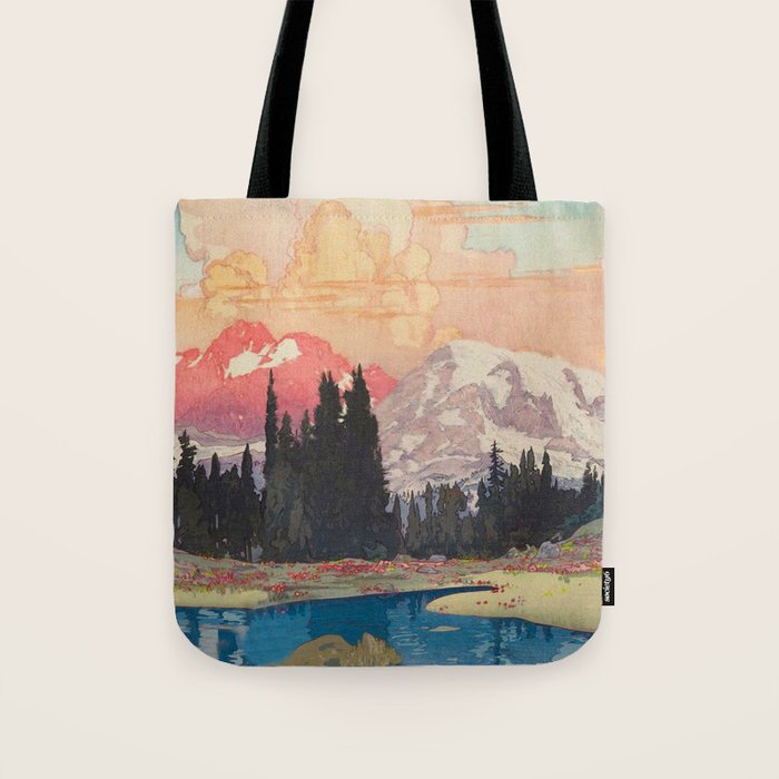 Storms over Keiisino - Winter Mountain & Forest Ukiyoe Nature Landscape in Pink, Blue, and Green Tote Bag Gallery Image 1