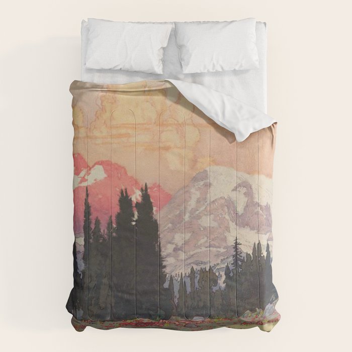 Storms over Keiisino - Winter Mountain & Forest Ukiyoe Nature Landscape in Pink, Blue, and Green Comforter Gallery Image 1