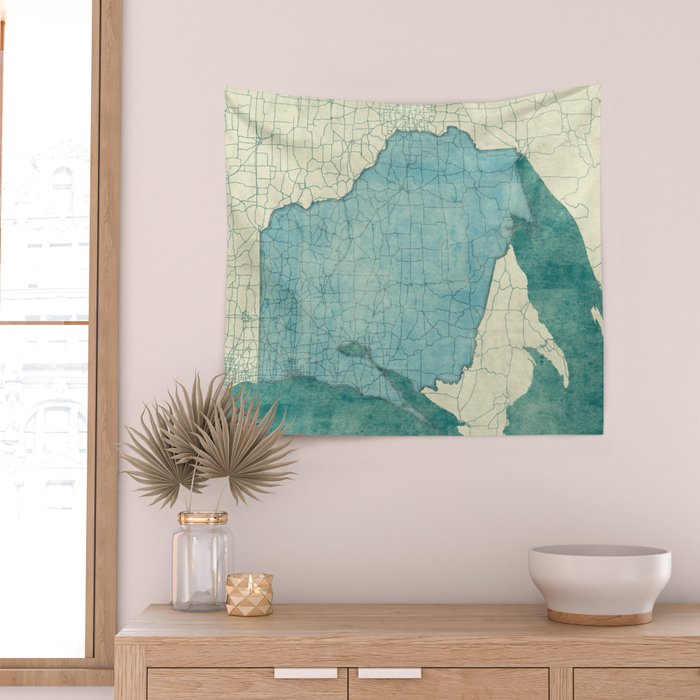 Wisconsin State Map Blue Vintage Wall Tapestry Gallery Image 2