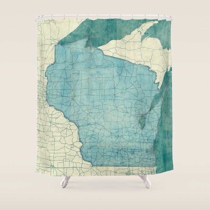 Wisconsin State Map Blue Vintage Shower Curtain Gallery Image 1
