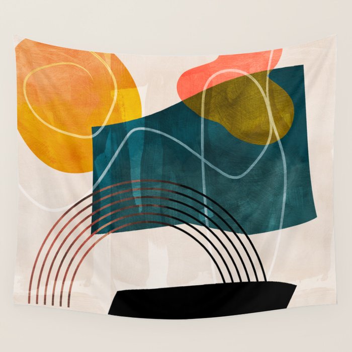 mid century shapes abstract painting Wall Tapestry Gallery Image 1