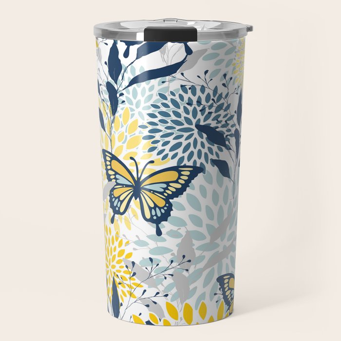 Floral and Butterflies Print, Blue and Yellow Travel Mug Gallery Image 1