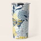 Floral and Butterflies Print, Blue and Yellow Travel Mug Gallery Image 1