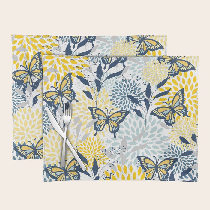 Floral and Butterflies Print, Blue and Yellow Placemat Gallery Image 1