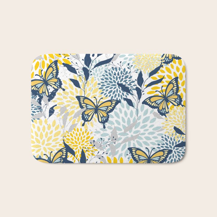 Floral and Butterflies Print, Blue and Yellow Bath Mat Gallery Image 1