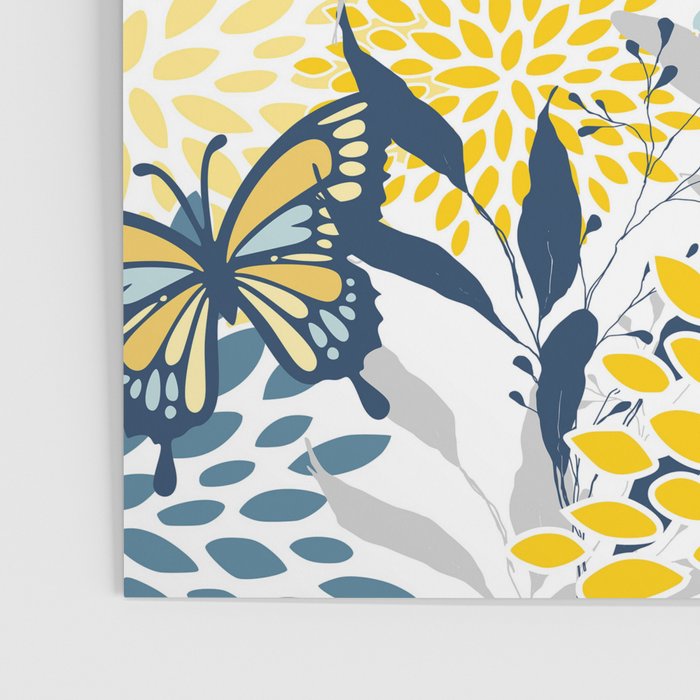 Floral and Butterflies Print, Blue and Yellow Poster Gallery Image 3
