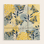 Floral and Butterflies Print, Blue and Yellow Wood Wall Art Gallery Image 1
