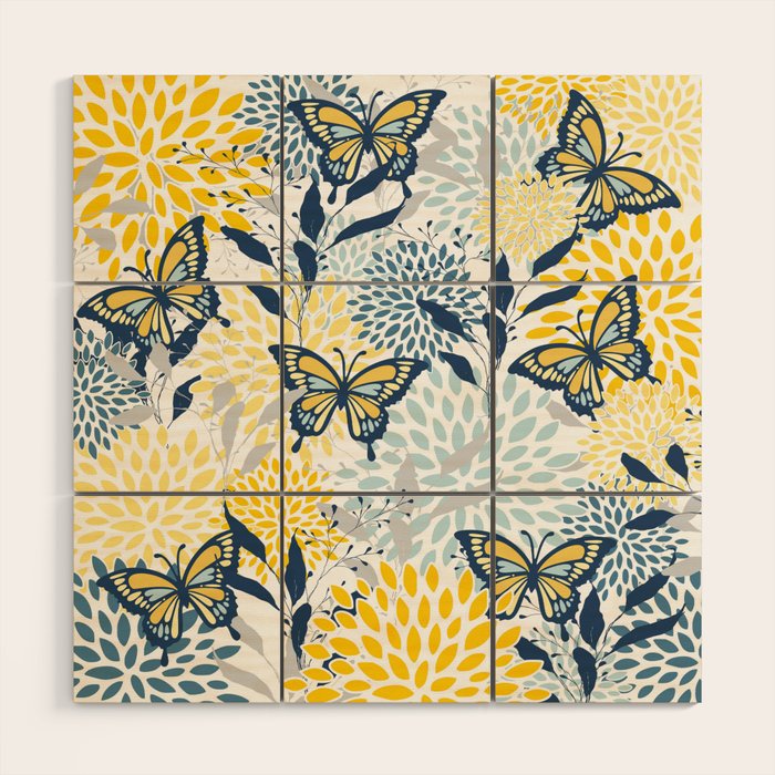 Floral and Butterflies Print, Blue and Yellow Wood Wall Art Gallery Image 1