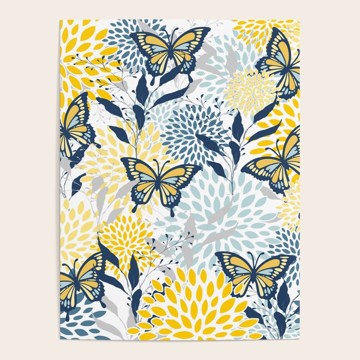 Floral and Butterflies Print, Blue and Yellow Poster Gallery Image 4