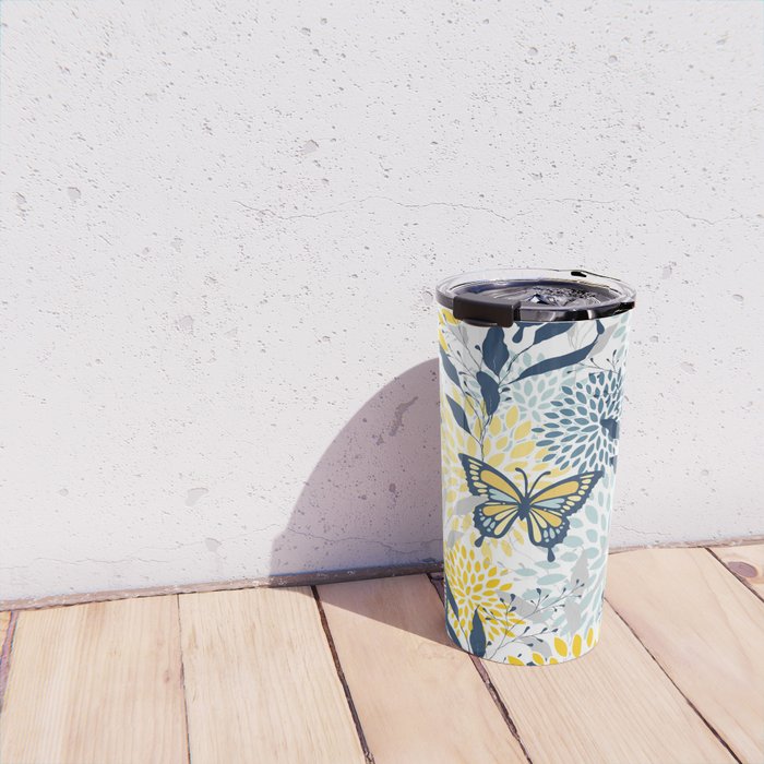 Floral and Butterflies Print, Blue and Yellow Travel Mug Gallery Image 4