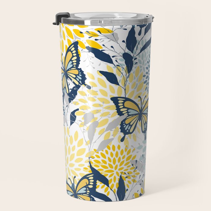 Floral and Butterflies Print, Blue and Yellow Travel Mug Gallery Image 3