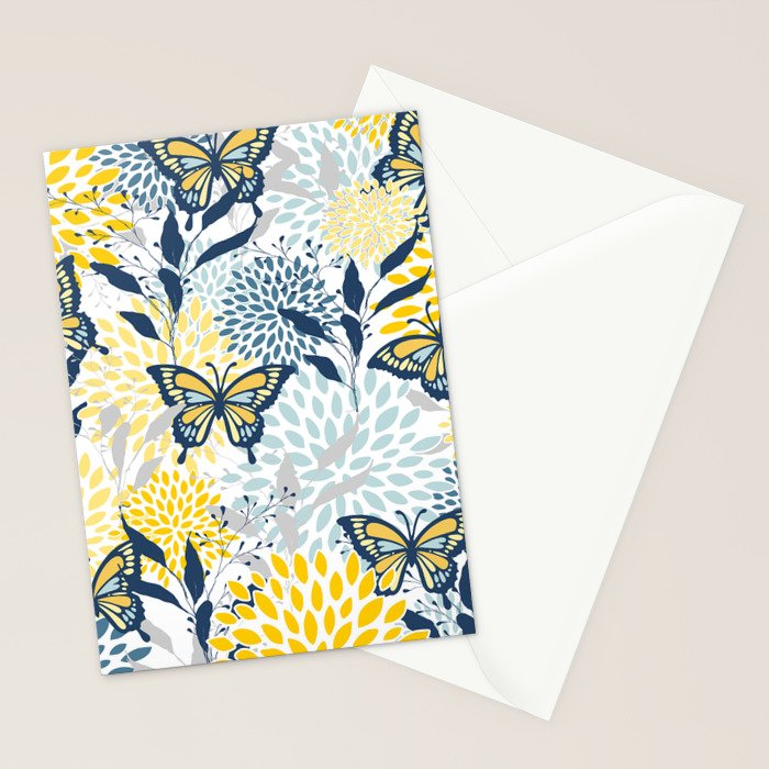 Floral and Butterflies Print, Blue and Yellow Stationery Card Gallery Image 2