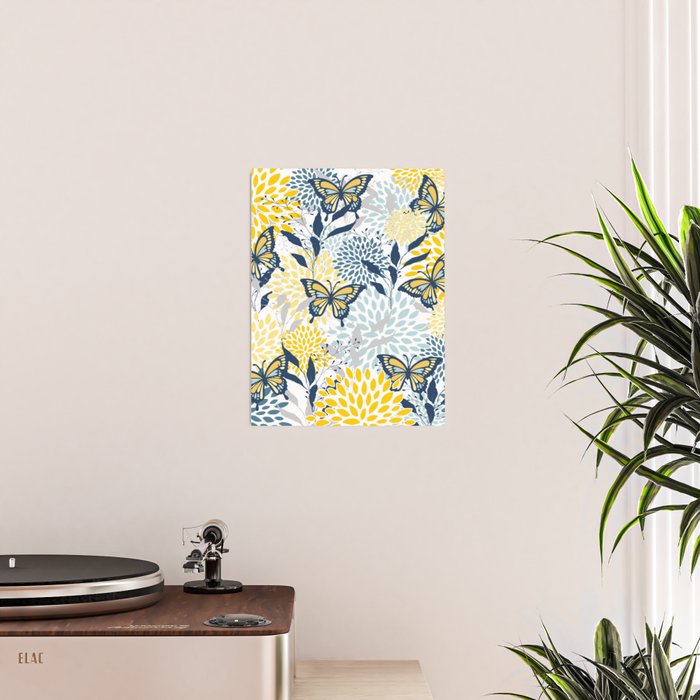 Floral and Butterflies Print, Blue and Yellow Poster Gallery Image 2