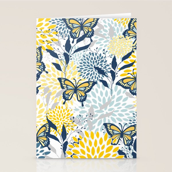 Floral and Butterflies Print, Blue and Yellow Stationery Card Gallery Image 1