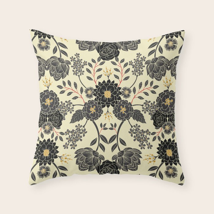 Gray, Black, Cream, Yellow & Red Sophisticated Floral Pattern Throw Pillow Gallery Image 1