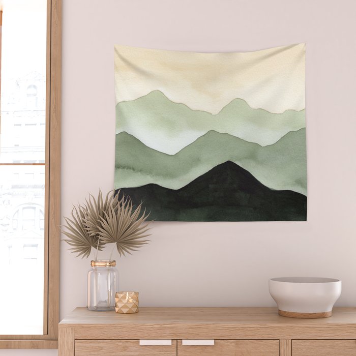 Green Beige Mountains Wall Tapestry Gallery Image 2
