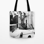 Head over heels stockings and lace high heel female model portrait black and white photograph - photography - photographs Tote Bag Gallery Image 1