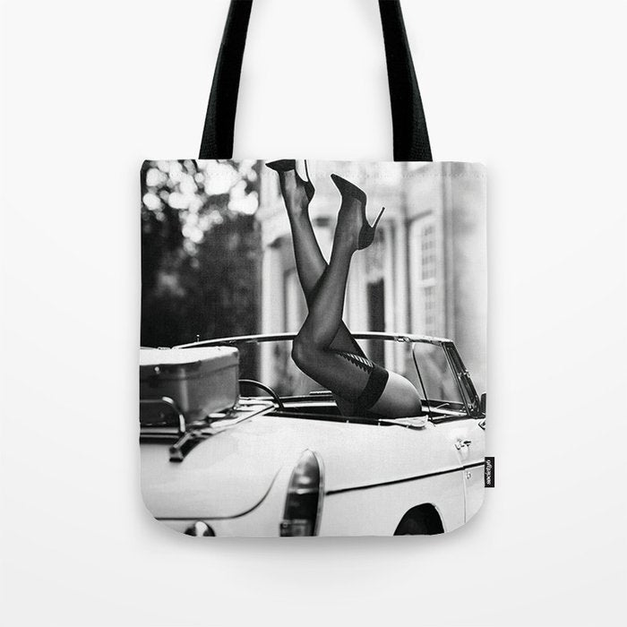 Head over heels stockings and lace high heel female model portrait black and white photograph - photography - photographs Tote Bag Gallery Image 1