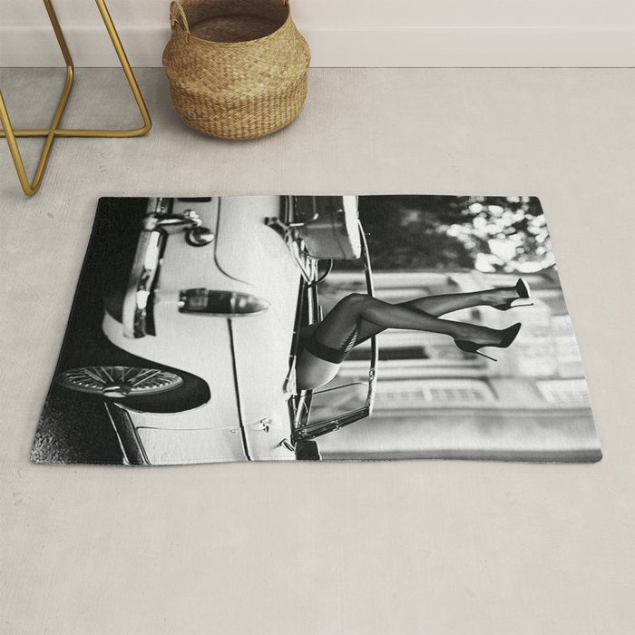 Head over heels stockings and lace high heel female model portrait black and white photograph - photography - photographs Rug Gallery Image 1
