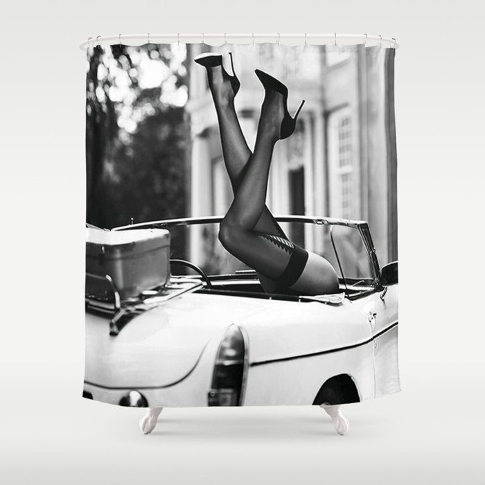 Head over heels stockings and lace high heel female model portrait black and white photograph - photography - photographs Shower Curtain Gallery Image 1