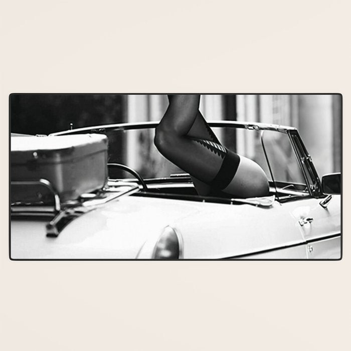 Head over heels stockings and lace high heel female model portrait black and white photograph - photography - photographs Desk Mat Gallery Image 3