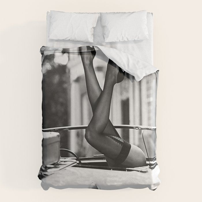 Head over heels stockings and lace high heel female model portrait black and white photograph - photography - photographs Duvet Cover Gallery Image 6