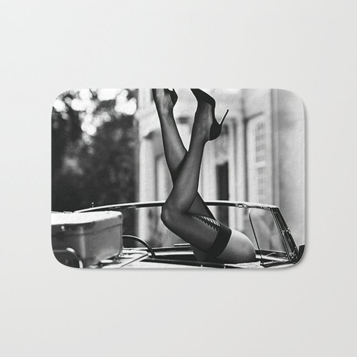 Head over heels stockings and lace high heel female model portrait black and white photograph - photography - photographs Bath Mat Gallery Image 1