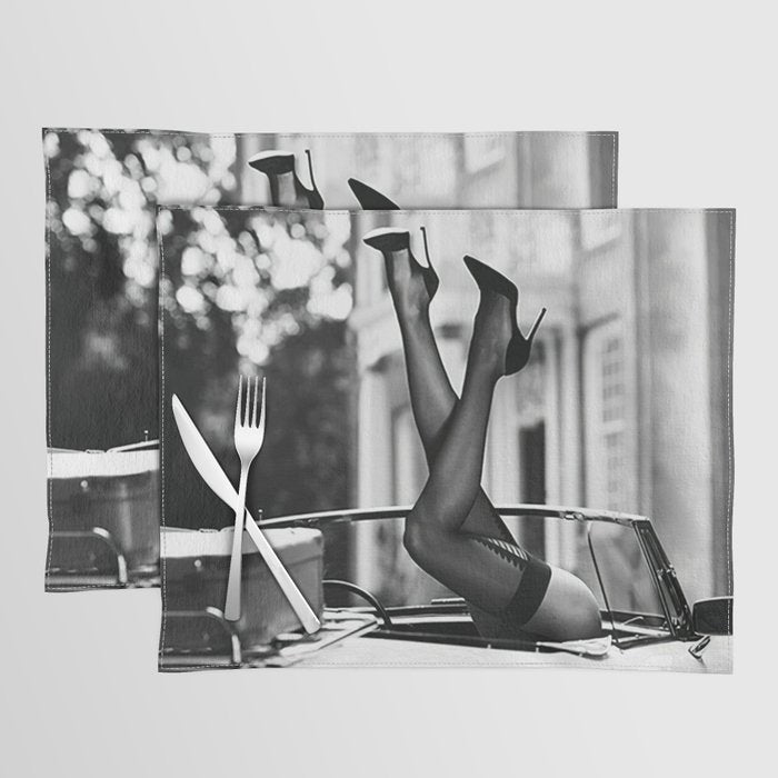 Head over heels stockings and lace high heel female model portrait black and white photograph - photography - photographs Placemat Gallery Image 1