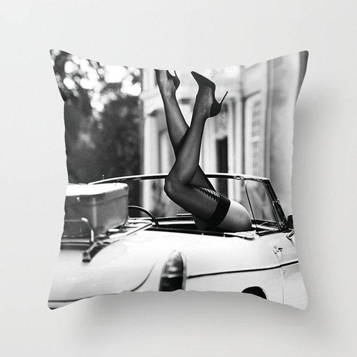Head over heels stockings and lace high heel female model portrait black and white photograph - photography - photographs Throw Pillow Gallery Image 1
