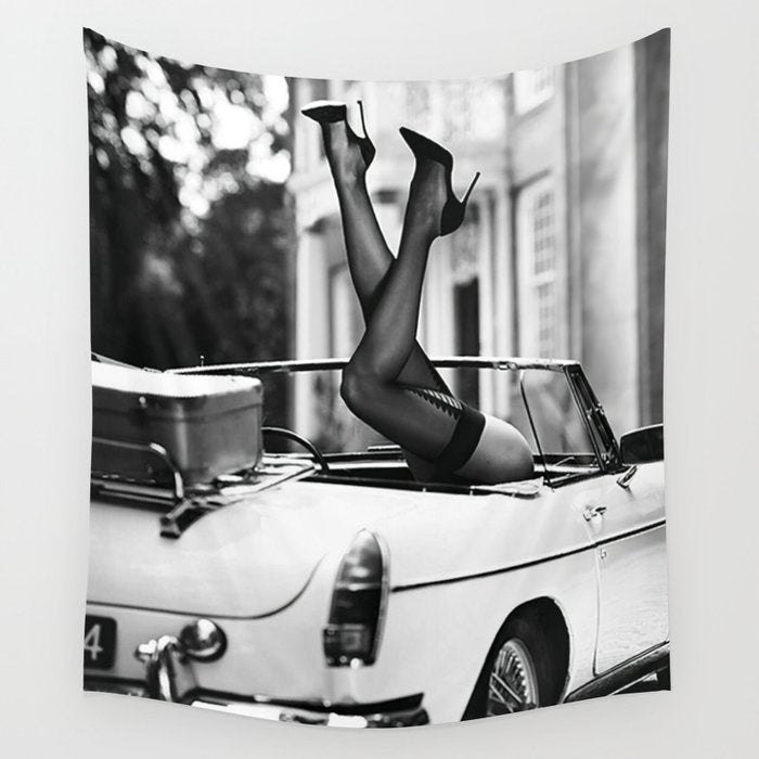 Head over heels stockings and lace high heel female model portrait black and white photograph - photography - photographs Wall Tapestry Gallery Image 4