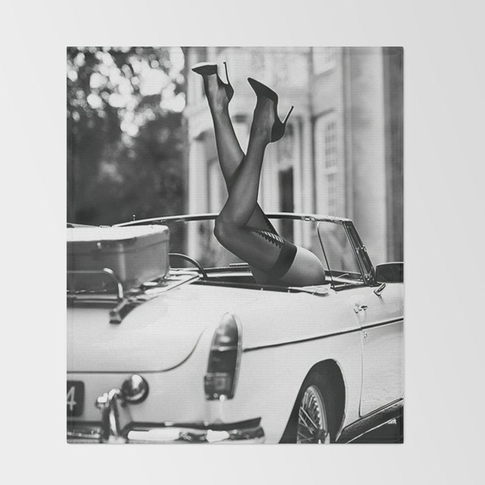 Head over heels stockings and lace high heel female model portrait black and white photograph - photography - photographs Throw Blanket Gallery Image 2